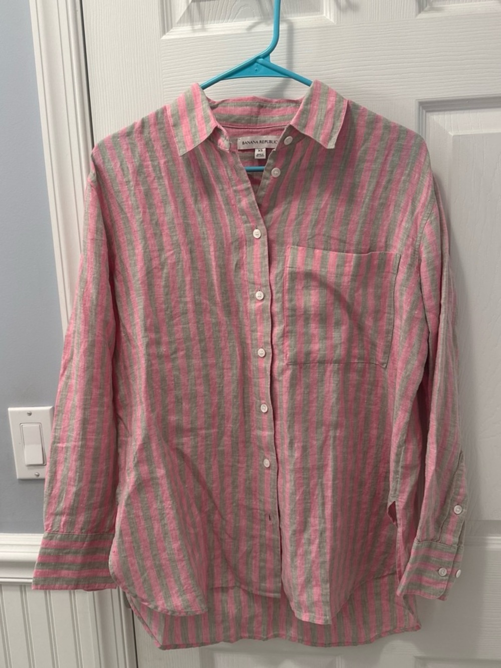 Banana Republic Pink and Gray Striped Linen Button-Down Shirt